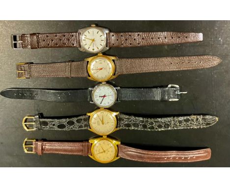 A selection of gent's wristwatches, five altogether, to include a Roamer Vidar, a Roamer Standard, a Timex, a HMT Priya para 