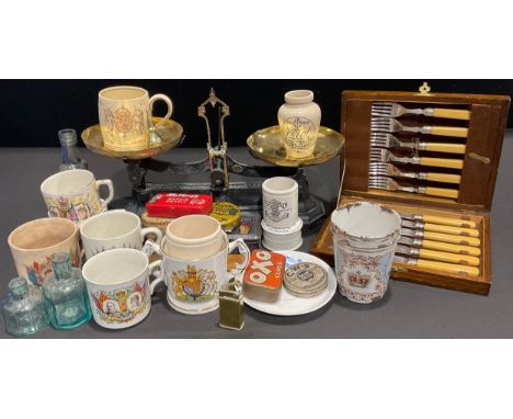 A set of cast iron balance scales and weights;  advertising inc Cremona pictoran Dairy Cream Toffee tin, Woods toothpaste pot