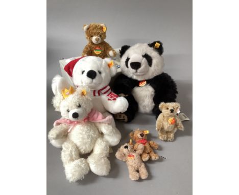 Steiff Vintage teddy bears to include a 064258 Panda 25cm seated  with tag, a white 672811 Princess Lotte teddy bear in cotto