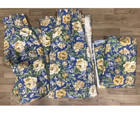 Textiles -  Large pair of Laura Ashley floral curtains approx 85cm wide x 195cm long, another similar unused fabric,