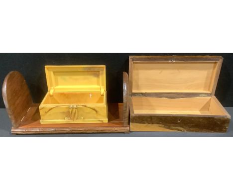 An Art Deco Bakelite box and cover; a treen book slide, carved with bamboo borders; a mahogany marquetry inlaid Tunbridge War