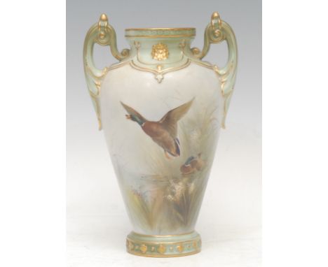 A Grainger’s Worcester two-handled ovoid vase, painted with ducks in a reed bed, probably by James Stinton, moulded shoulder 