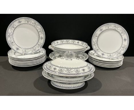 A Victorian Minton &amp; Co. Berlin Bird pattern part dinner service, transfer printed in monochrome, comprising two-handled 