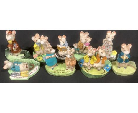 A set of nine Beswick Kitty MacBride mouse figures, I'll Trim That Hedge Tomorrow, Are You A Mouse Or A Man, Just Good Friend