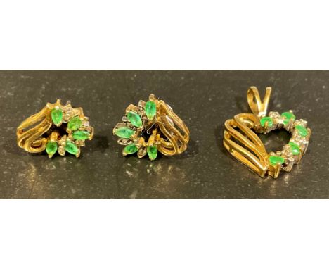 A 9ct gold emerald and diamond set heart shaped pendant with earrings,the pendant set with five approx. 1.7mm round brilliant