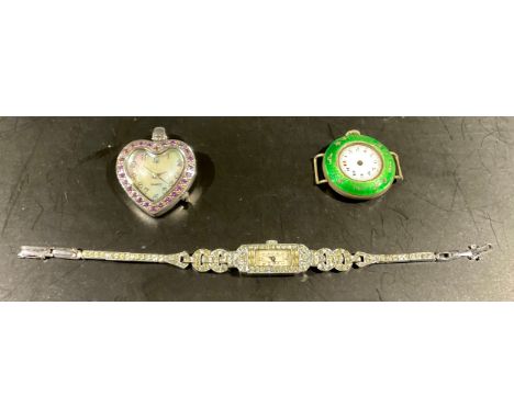 A hallmarked silver lady's white paste stone wristwatch, boxed; a hallmarked silver heart shaped pink paste stone quartz watc