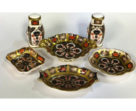 A Royal Crown Derby 1128 pattern salt and pepper pot, a/f; a 1128 pattern Duchess dish, solid gold band, a/f; others, trinket