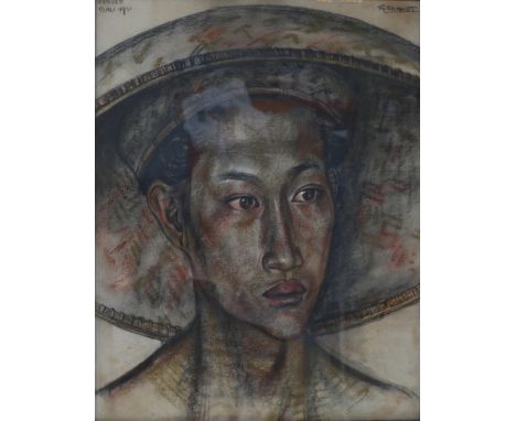 Johann Rudolf Bonnet (1895-1978) Portrait of a Balinese man with hat. Signed upper left Oeboed Bali 1931. Gemengde techniek 5