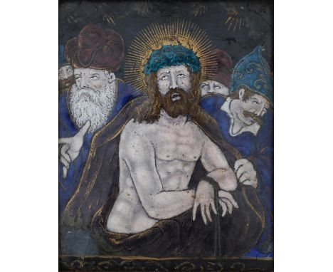  A copper plate with gilding and enamel depicting the biblical scene Ecce Homo. France, Limoges, circa 1600. 11 x 9 cm.