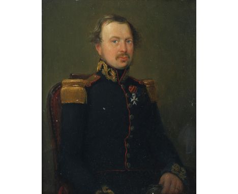 Hollandse School 19e eeuw Portrait of an officer. Unclearly signed on the right. In the original frame. Paneel 23 x 18 cm.
