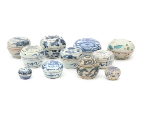 Eleven ceramic boxes. Mainly Sawankhalok. 16th century and later. Various sizes.