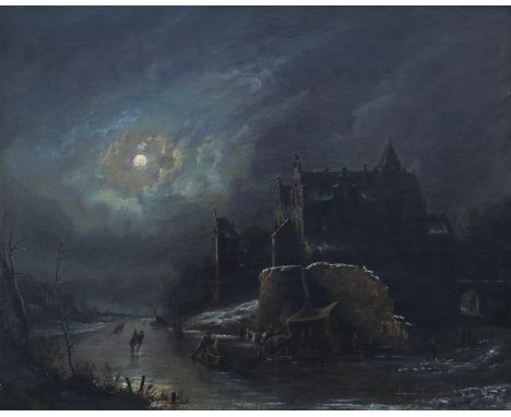 Jacobus Theodorus Abels (1803-1866) Winter landscape with horse drawn sled by a castle in the moonlight. Signed and dated 184