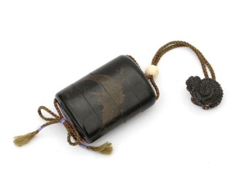  A three case lacquer inro, engraved with three cranes soaring above a landscape. The horn netsuke carved as a coiled snake. 
