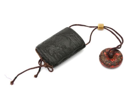  A four case ebony inro, with a finely carved decoration. the front with a scholar and student, the reverse with an elegant l