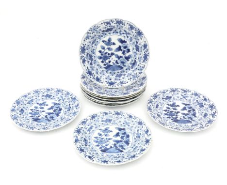  Ten Chinese blue-white porcelain plates with decoration of flowers surrounded by lobsters and fishes, Kangxi-period. (hairli