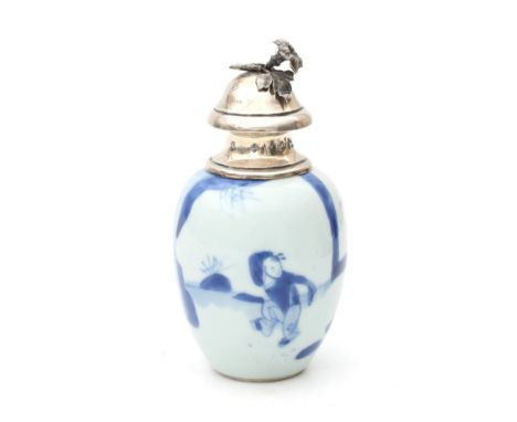  A Chinese blue and white porcelain teacaddy, with 19th century Dutch silver mounts. Decorated with Long Elisa and playing bo