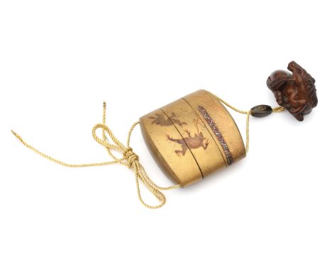  A lacquer  'Chōjū-giga' inro decorated in gold makie and mother of pearl inlay. The more recent boxwood netsuke in the shape