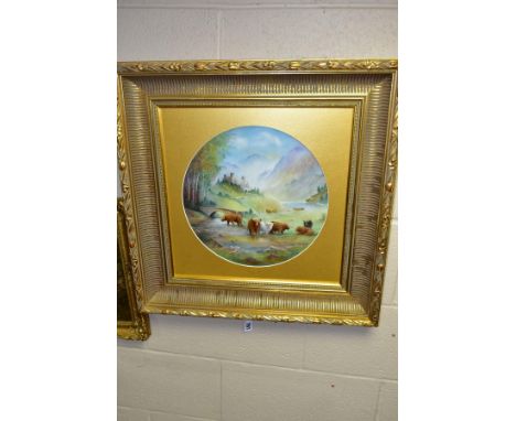 M.POWELL (BRITISH 20TH CENTURY), a hand painted porcelain plaque decorated with Highland cattle in a stream, Scottish landsca