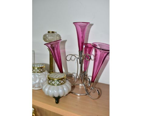 A SILVER PLATED FOUR BRANCH CRANBERRY GLASS EPERGNE, the trumpets being 20th century replacements, height 32.5cm, together wi
