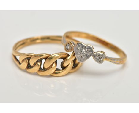 TWO RINGS, the first an 18ct gold knot ring, 18ct hallmark, ring size M, the second designed with a central heart shape panel