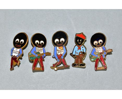 FOUR VINTAGE ROBERTSON GOLDEN SHRED ENAMEL BADGES AND A MODERN EXAMPLE, the vintage examples comprise hockey player, ice skat
