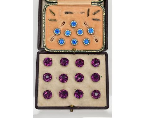 TWO CASED SETS OF DRESS STUDS, the first a set of six silver enamelled studs, each of a circular form, with blue, white and b