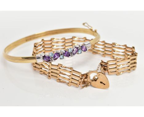 A 9CT GOLD BANGLE AND BRACELET, the plain hollow sprung bangle with central amethyst and topaz panel, together with a 9ct gol