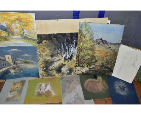 A PORTFOLIO OF WATERCOLOURS, PASTELS AND PRINTS, to include a landscape with stream signed Anthony Gibbs, unsigned river land