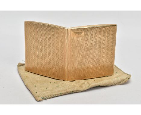 A 9CT GOLD CIGARETTE CASE, slightly rounded square form, engine turned design with an engraved cartouche to the top left corn