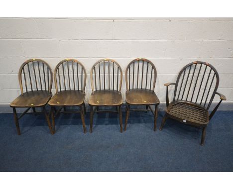 A SET OF FOUR ERCOL MODEL 139 KITCHEN CHAIRS, along with an Windsor armchair (condition - worn finish, damaged top to armchai