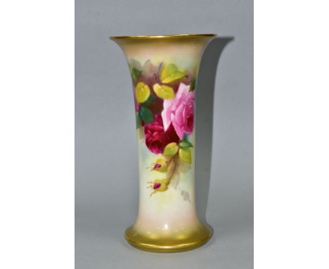 A ROYAL WORCESTER VASE OF CYLINDRICAL FORM PAINTED WITH ROSES, flared gilt rims, ivory ground, shape no G923, painted numbers