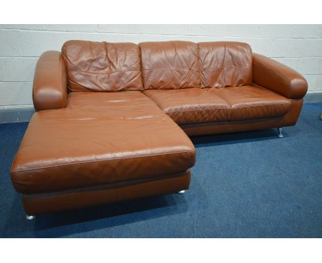 A LIGHT BROWN LEATHER CORNER SOFA, on shaped chrome legs, length 227cm x max depth 154cm x height 80cm