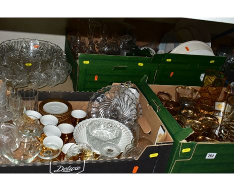 FOUR BOXES AND LOOSE GLASS AND CERAMIC WARES, to include vintage gilt banded drinking glasses, decanter and vases, punch bowl