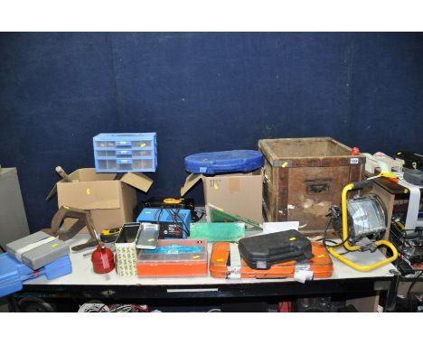 A COLLECTION OF TOOLS including a Halfords Tyre Inflater, Draper socket set, Halfords Battery charger, a Weller soldering iro