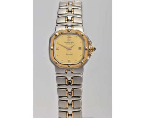 A LADIES 'RAYMOND WEIL' WRISTWATCH, square gold dial with cut off corners, signed 'Raymond Weil, Geneve, Parsifal', Roman num