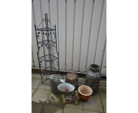 A BLACK PAINTED MILK CHURN stamped 'Coventry', a 20L jerry can, small metal banded barrel, vintage scales with weights, glaze