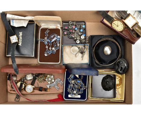 A TRAY OF ASSORTED JEWELLERY AND WRISTWATCHES, to include two gents gold-plated wristwatches, a ladies boxed 'Accurist' wrist