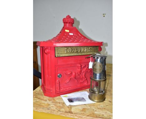 A CONTEMPORARY LETTER BOX IN A VINTAGE STYLE AND A MINERS LAMP, comprising brass and chrome vintage lamp marked 'The Protecto