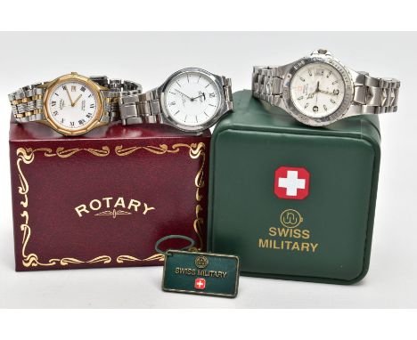 THREE GENTS WRISTWATCHES, to include a boxed 'Swiss Military' watch, round white dial, Arabic and baton markers, date window 