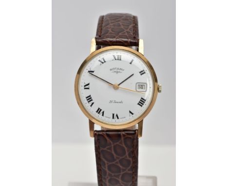 A GENTS 9CT GOLD 'ROTARY' WRISTWATCH, round white dial signed 'Rotary, 21 jewels', Roman numerals, date window at the three o