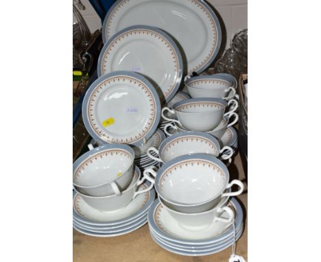 AYNSLEY SILVER SHADOW PART DINNER SERVICE, comprising eleven twin handled soup bowls with twelve saucers, eleven 16cm plates,