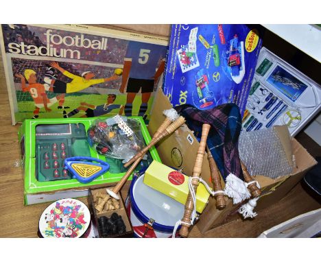 A QUANTITY OF ASSORTED TOYS, to include boxed Chad Valley Perma Football Stadium game, No. G501, contents not checked, box da