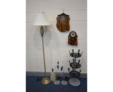 A VINTAGE GENTLEMANS HANGING BAROMETER AND BRUSH SET, a similar mirror and brush set, a three tier revolving shoe tree (missi