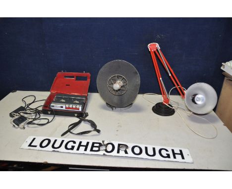 A VINTAGE PHILIPS EL3583/15 CARTRIDGE PLAYER with mic and remote, an enamel 'Loughborough' sign (two holes to front), a VDE D