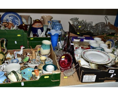 SIX BOXES AND LOOSE OF GLASSWARE AND CERAMICS, including a Zsolnay Pecs vase, model no 2821, crack to the base and three chip