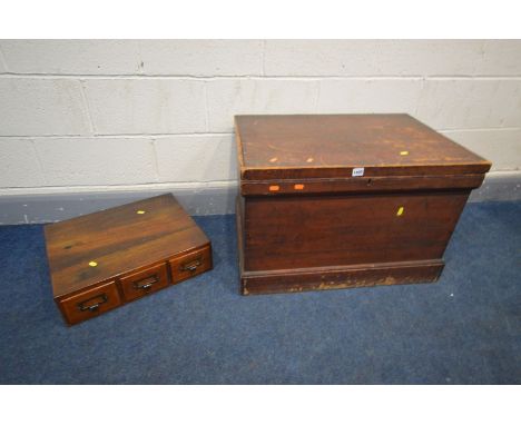 A VINTAGE STAINED PINE TOOL CHEST, width 74cm x depth 51 x height 49cm and an oak three drawer index unit (2)