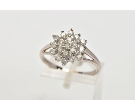 A 9CT WHITE GOLD DIAMOND CLUSTER RING, cluster designed with claw set, round brilliant cut diamonds, stamped diamond weight 0