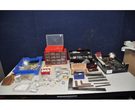 TWO TRAYS AND TWO TOOLBOX CONTAINING ELECTRONIC COMPONENTS AND TEST EQUIPMENT including Starrett, Moore and Wright micrometer