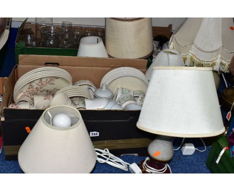 THREE BOXES AND LOOSE CERAMICS, GLASS WARES AND TABLE LAMPS, ETC, to include Hornsea Fleur, Biltons Floral part dinner sets, 