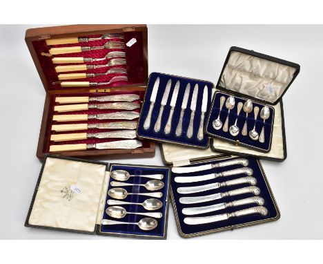 TWO CASED SETS OF SILVER TEASPOONS, TWO SETS OF SILVER HANDLED KNIVES, AND A SET OF SILVER AND IVORY FISH KNIVES AND FORKS, f